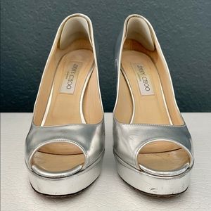 Jimmy Choo peep toe pumps in silver. Size 37